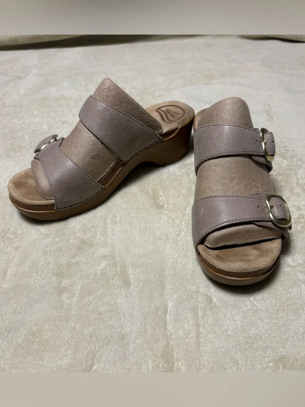 Dansko Double-Strap Wedge Sandals in Taupe Gray